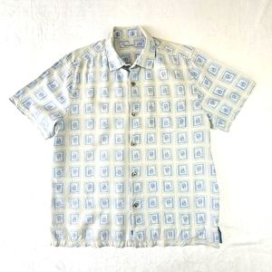 Tommy Bahama Cream Blue 100%Silk Short Sleeve Button Collar Shirt Large